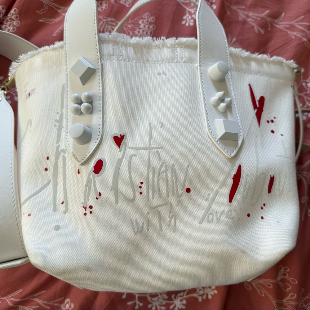Christian Louboutin White and Red Tote with Heart Accents